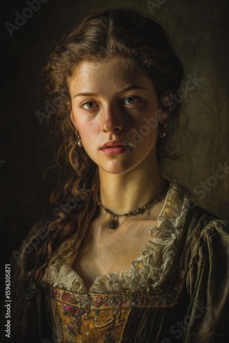Woman in period dress with braids looking at viewer