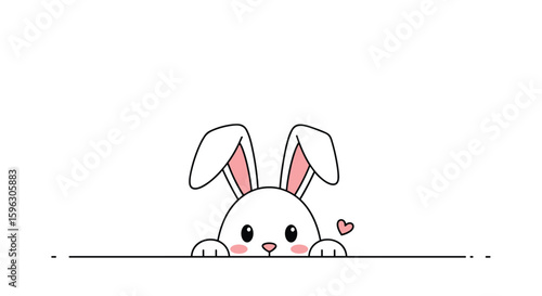 Adorable white bunny peeking over edge with pink heart and soft blush cheeks