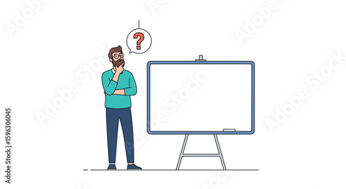 Man thinking about whiteboard and question mark symbolizing confusion and uncertainty