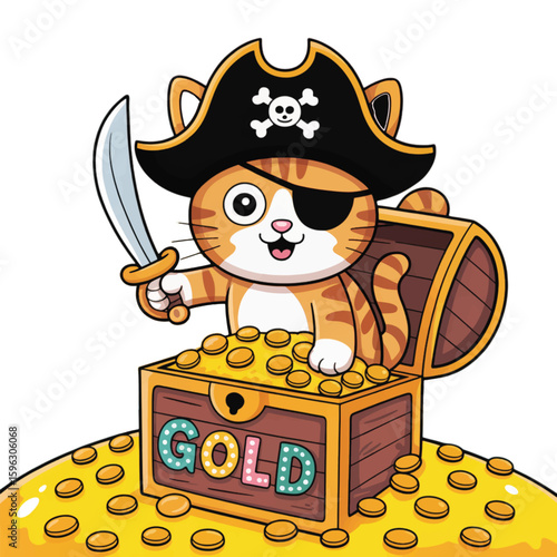 Orange tabby cat pirate with sword and treasure chest gold coins
