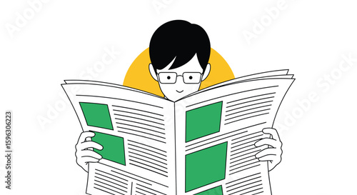 A person wearing glasses reading a newspaper with green sections illustrating important stories