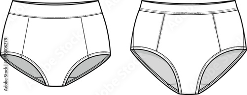 Flat technical drawing of women's underwear brief, front and back view, seamless cad vector illustration, fashion lingerie outline sketch