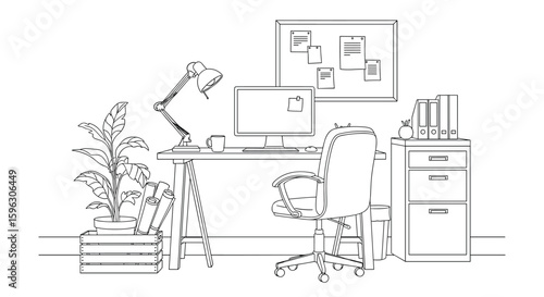 Organized home office space with a desk lamp chair plants and filing cabinets creating a functional workspace