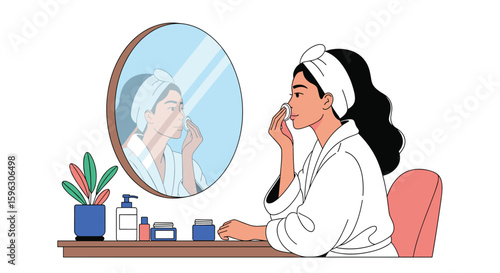 Woman applying skincare products to face with a roller in front of a mirror