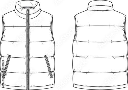 Flat technical drawing of padded puffer vest front and back view, sleeveless outerwear fashion vector, cad sketch, winter garment