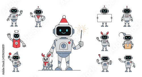 Collection of cute pixelated robots celebrating festive occasions with a dog companion