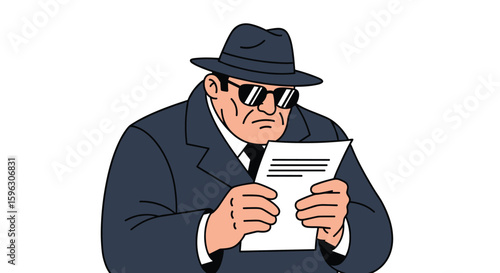 Mysterious man in fedora and sunglasses reviews important document with intense focus