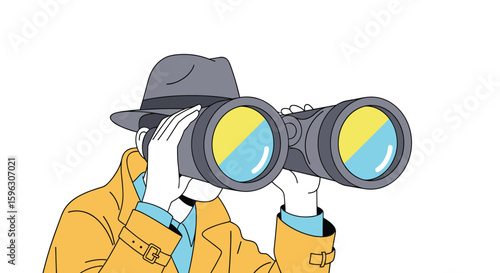 Observant detective wearing a trench coat uses binoculars to investigate a mysterious situation