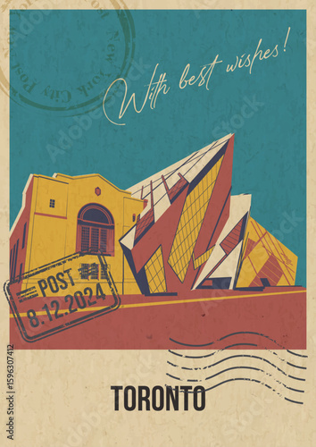 Main Canadian Attraction Royal Ontario Museum Toronto, Retro Postcard Style Illustration. Vintage Colors, Aged Paper Texture