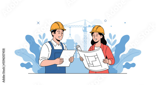 Two architects collaborating on a construction blueprint discussing building plans outdoors