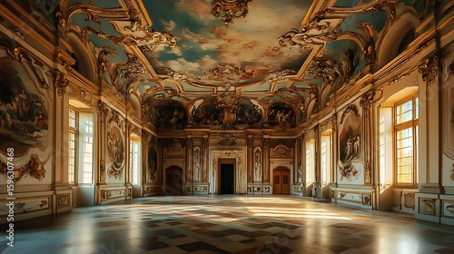 Grand baroque hall with ornate ceiling and sunlight streaming through windows