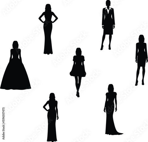 Set of woman silhouettes in elegant dresses, evening gowns, and business suits