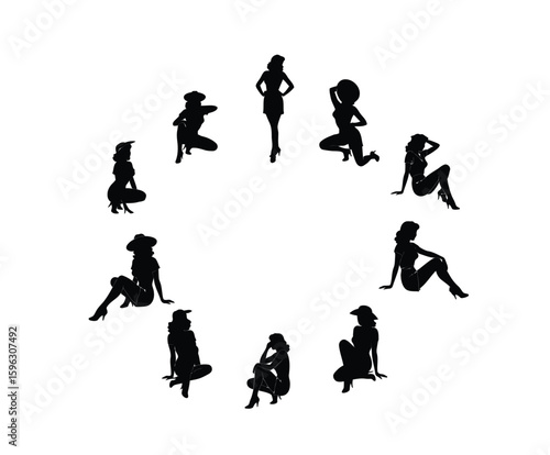 Set of vintage pin-up girl silhouettes, retro fashion model poses in a circle