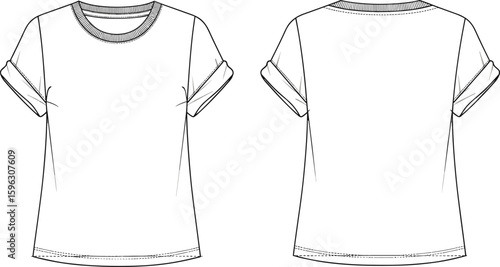 Flat vector cad drawing of basic women’s t-shirt, front and back view, rolled sleeves, crew neck, fashion sketch, casual wear
