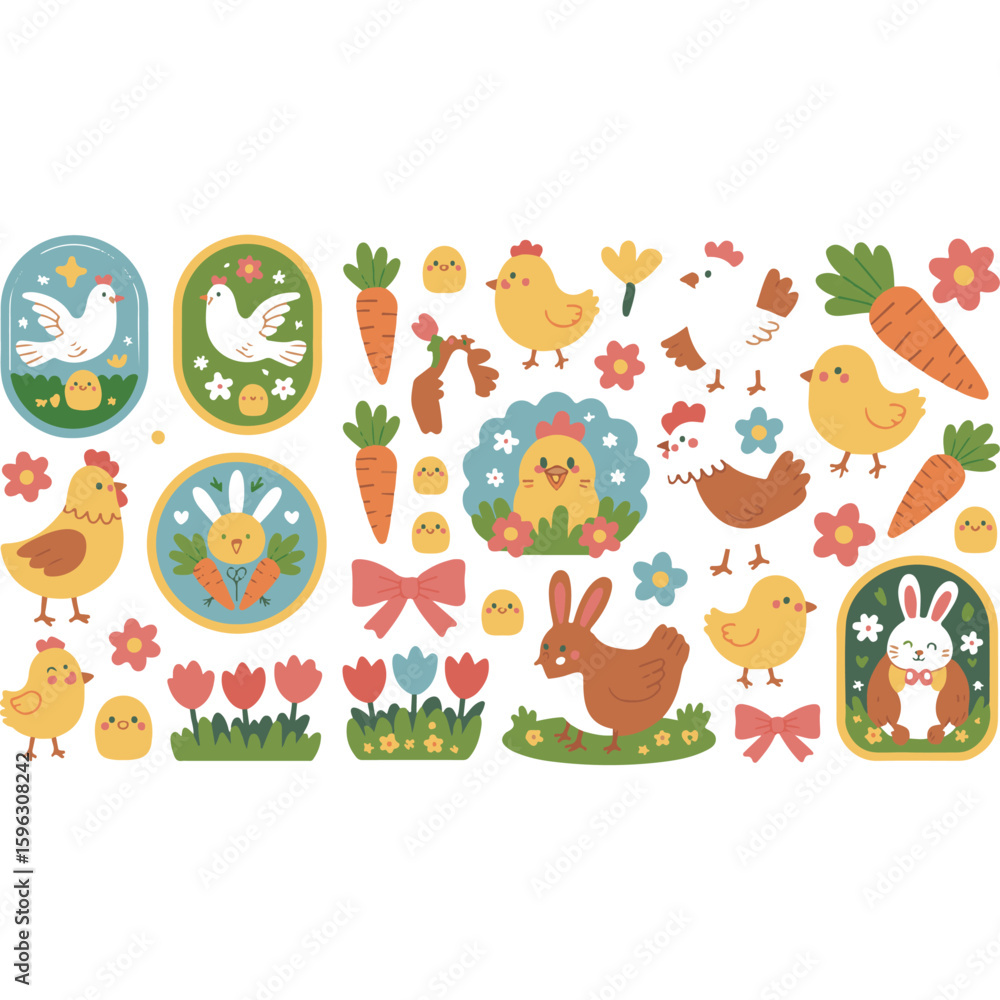 Fototapeta premium Cute easter themed decorations silhouette isolated on white background