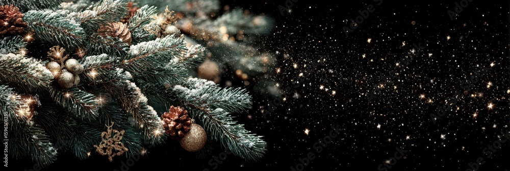 Snow-dusted evergreen branches with ornaments and sparkling background create a festive atmosphere for winter holidays Snow-dusted evergreen branches with ornaments and sparkling background create a festive atmosphere for winter holidays