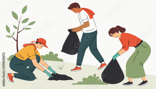 man and woman walking in the park collecting garbage 