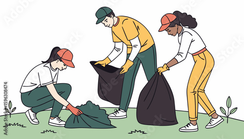man and women collecting garbage in bags