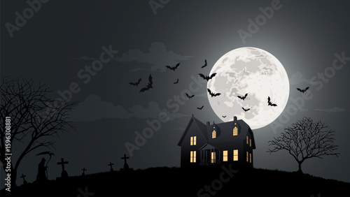 Silhouette haunted mansion on the hill with graveyard, dead tree, bats, full moon and angle of death have night sky background graphic illustration.