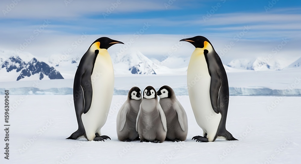 Fototapeta premium Emperor penguins with chicks on ice antarctica snow