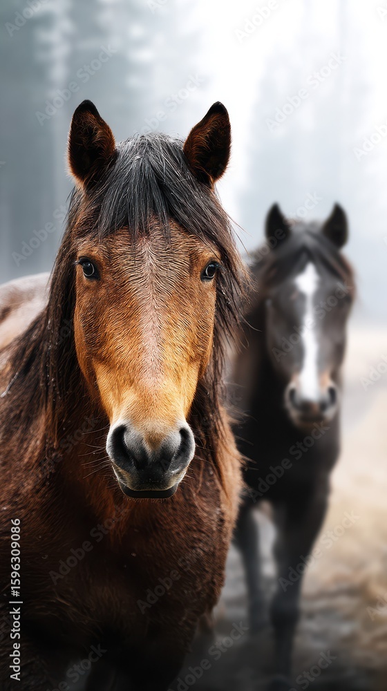 Horses in a misty forest during the early morning light near a serene trail Horses in a misty forest during the early morning light near a serene trail