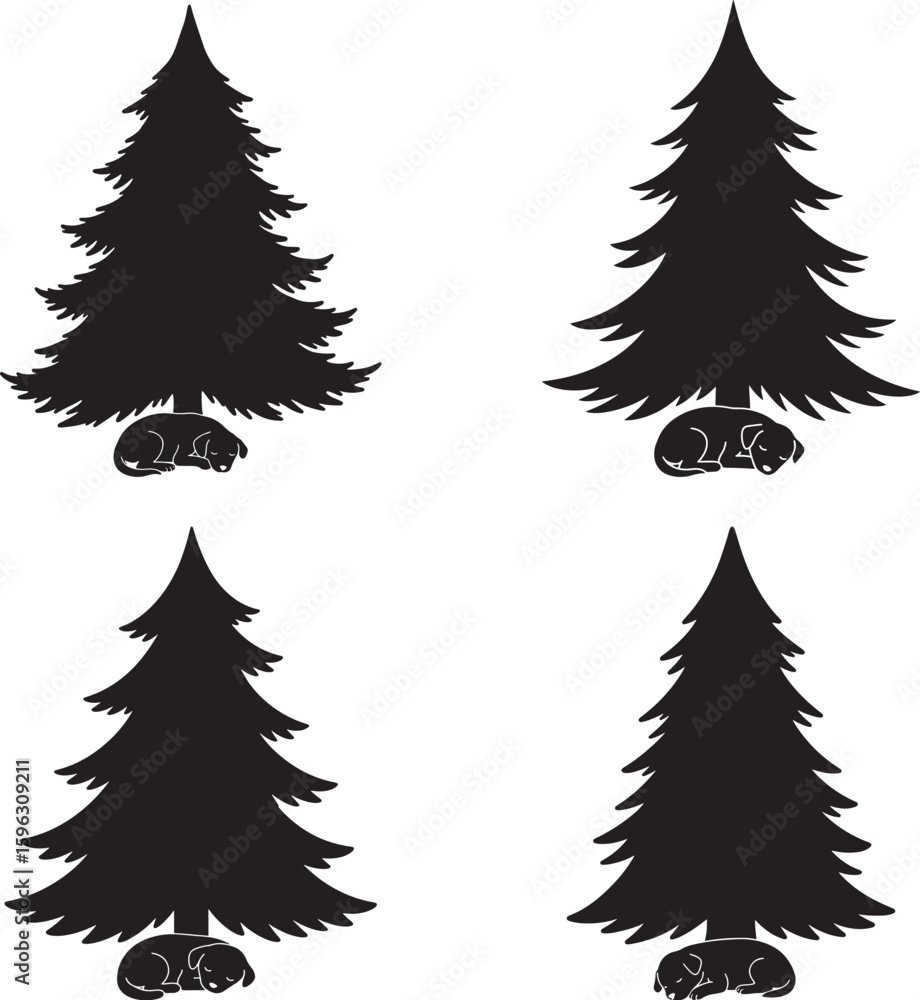 Fototapeta premium Four black evergreen tree silhouettes on white background