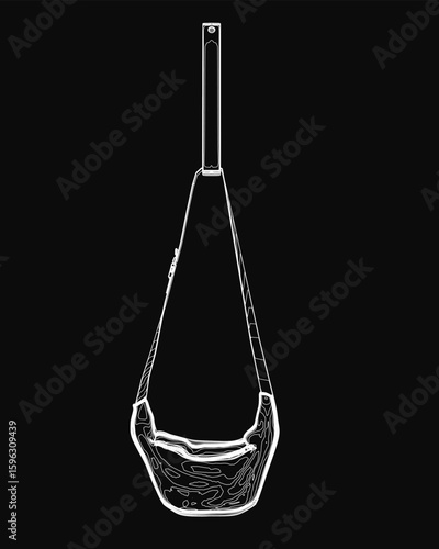 A black and white line drawing of a bag hangs from a hanger, outlined in white against a dark background, creating a minimalist and elegant silhouette. The clean contour contrasts sharply