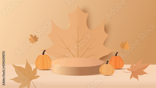 Autumn background. Autumn sale podium with maple leaves background. Stand product showcase for promotion, product sale. Vector illustration