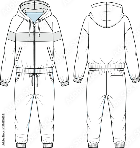 Flat vector CAD drawing of full tracksuit with hoodie, drawstrings, pockets, ribbed cuffs, front zipper, elastic waistband, front and back views