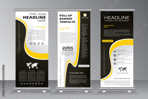 roll up banner desing with yellow colours, roll up banner template with geometric background, vertical banner template, vector eps 10