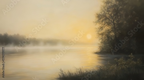 Shore of a misty lake at sunrise in summer