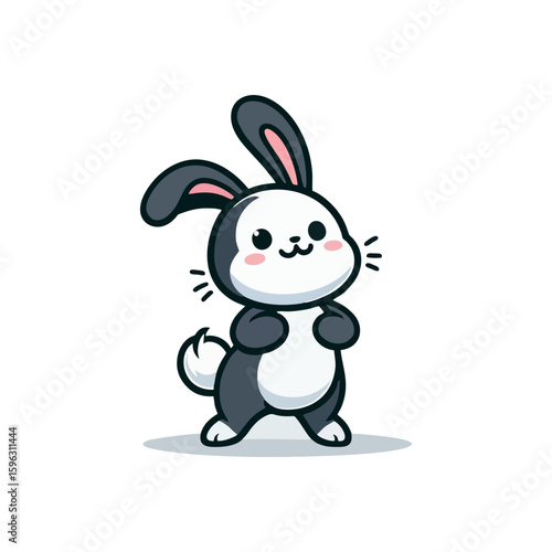Cheerful rabbit with long ears, standing on hind legs