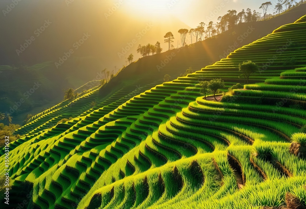 Fototapeta premium Golden sunlight bathes lush green Tegallalang rice terraces in Bali, landscape, terraces
