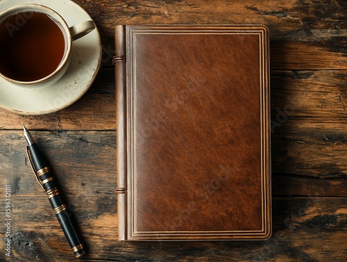 Antique brown leather journal alongside a fountain pen and a cup of tea