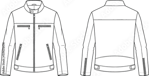 Flat vector cad drawing of men’s biker style jacket with zipper pockets, front and back view, fashion technical sketch design