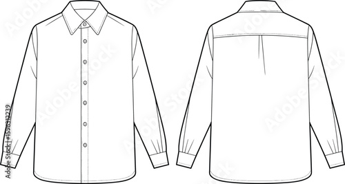 Front and back formal shirt technical flat sketch, long sleeve button down shirt vector template, detailed apparel fashion design illustration