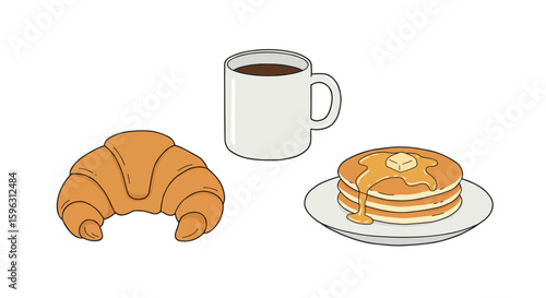 Set for menu Croissant, white mug and plate with pancakes, butter and honey PNG simple vector illustration on transparent background – graphic element or clipart