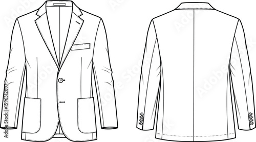 Flat vector cad drawing of men’s formal blazer jacket, front and back view, fashion sketch, tailored coat design, technical illustration