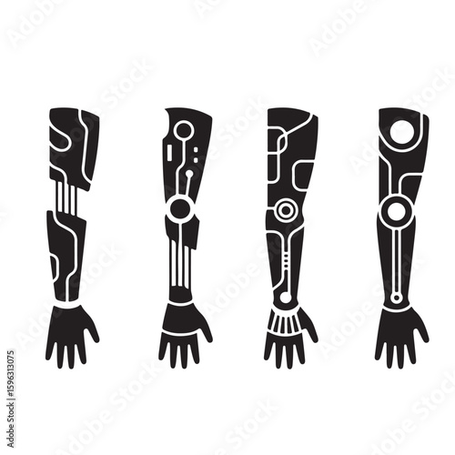 Four black and white graphic representations of robotic arms with different circuit designs displayed