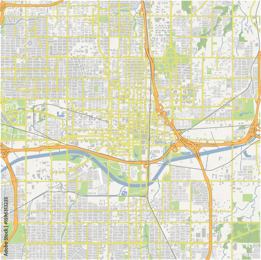 Fototapeta premium Map of Oklahoma City Center in Oklahoma in a normal road map style. Contains layered vector with roads water, parks, etc.
