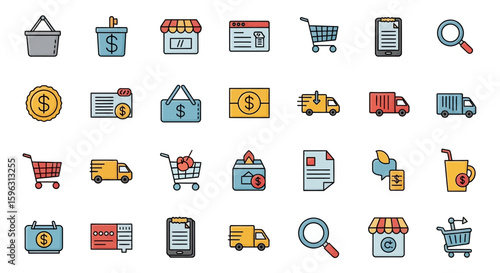 Colorful icons depicting online shopping, delivery, and e-commerce processes.