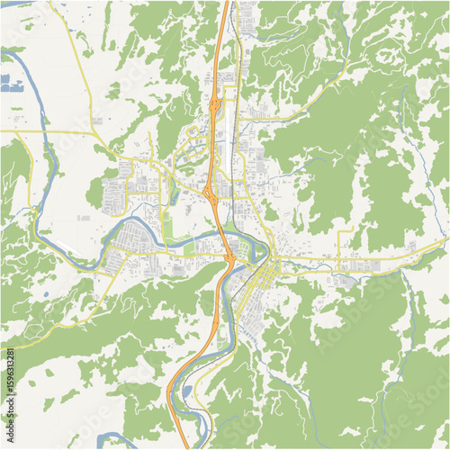 Map of Roseburg in Oregon in a normal road map style. Contains layered vector with roads water, parks, etc.