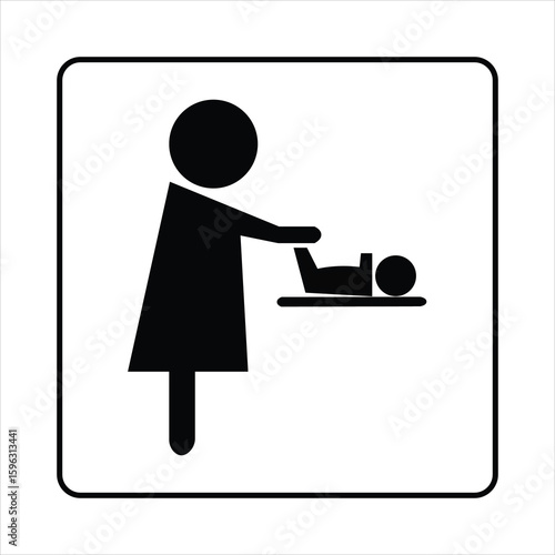A baby changing station symbol shows a parent figure at a changing table with a baby. The icon is in black and white, indicating location and service.