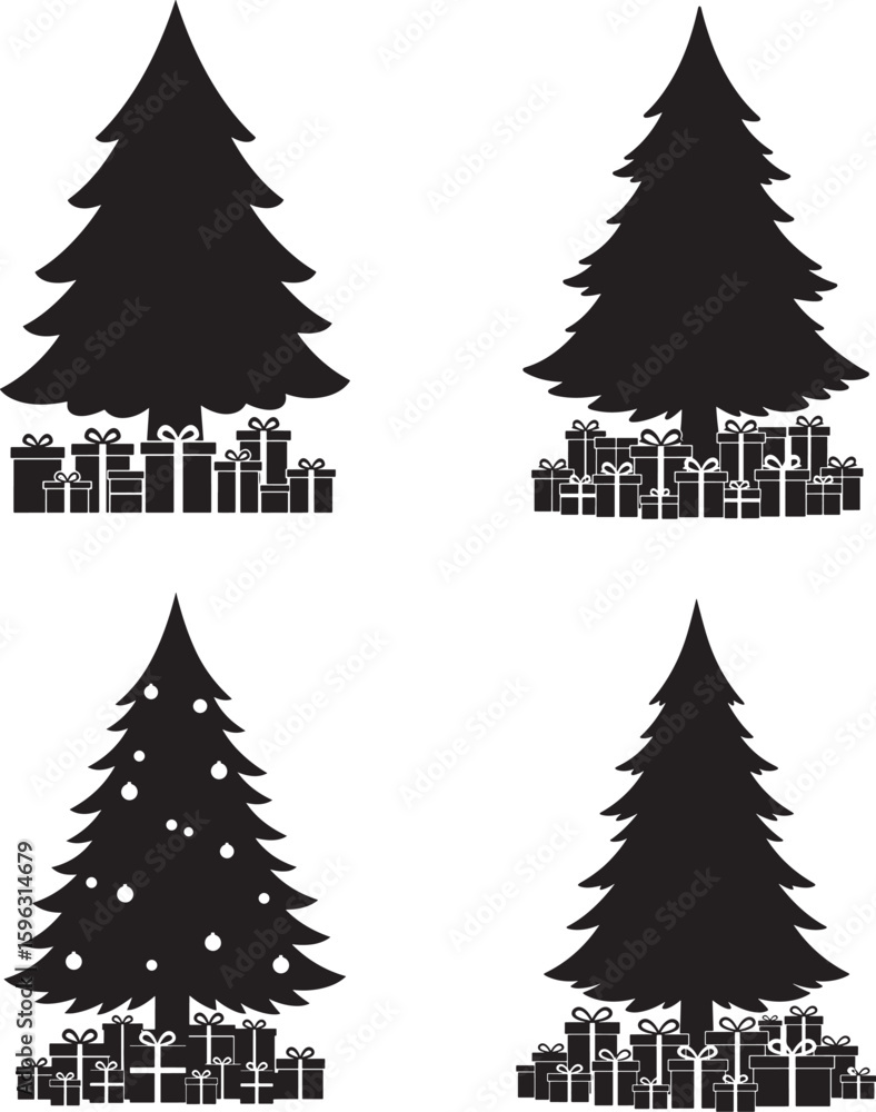 Obraz premium Four christmas trees with gifts silhouette