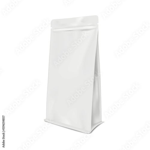 Blank white flat bottom plastic bag with tear notches and zip lock. Realistic vector mockup. Easy open zipper stand-up pouch package. 3d mock-up. Resealable packet packaging. Template for design