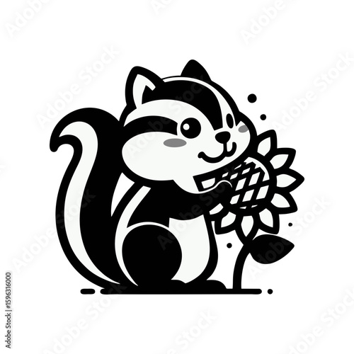 chipmunk with striped cheeks holding a giant sunflower