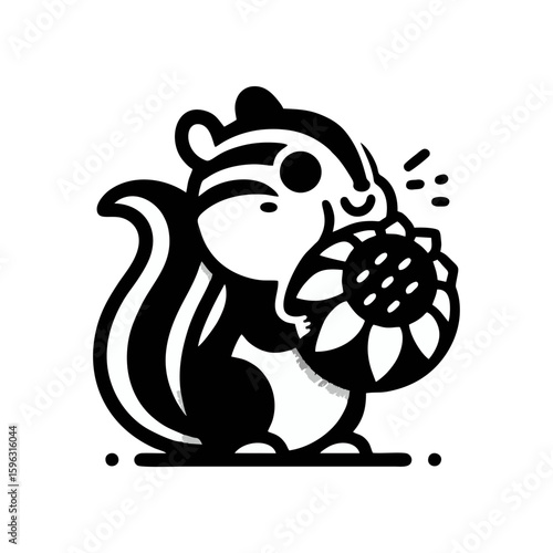 chipmunk with striped cheeks holding a giant sunflower