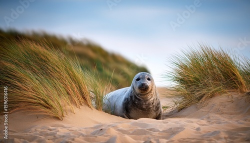 female grey seal in sand dunes on beach horsey gap norfolk uk
