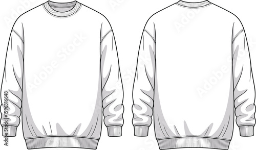 Front and back view of ribbed crewneck sweatshirt, technical fashion flat sketch, unisex vector cad drawing for clothing design template