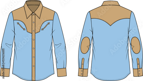Flat vector CAD drawing of western-style shirt with yoke detail, snap buttons, long sleeves, chest pockets, elbow patches, contrast color